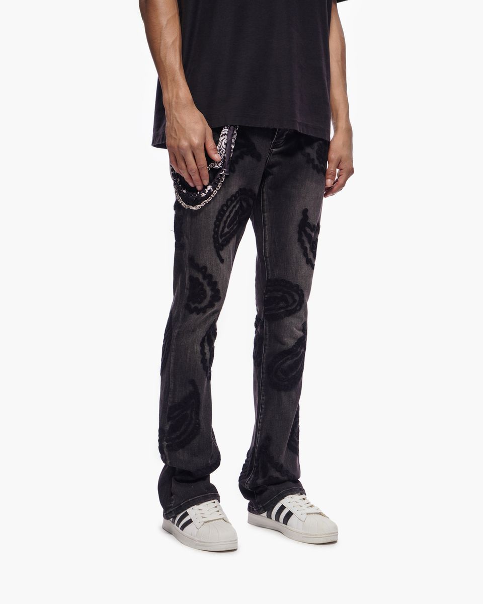 Trnchs "PAISLEY PANTS Black Wash Stacked Denim