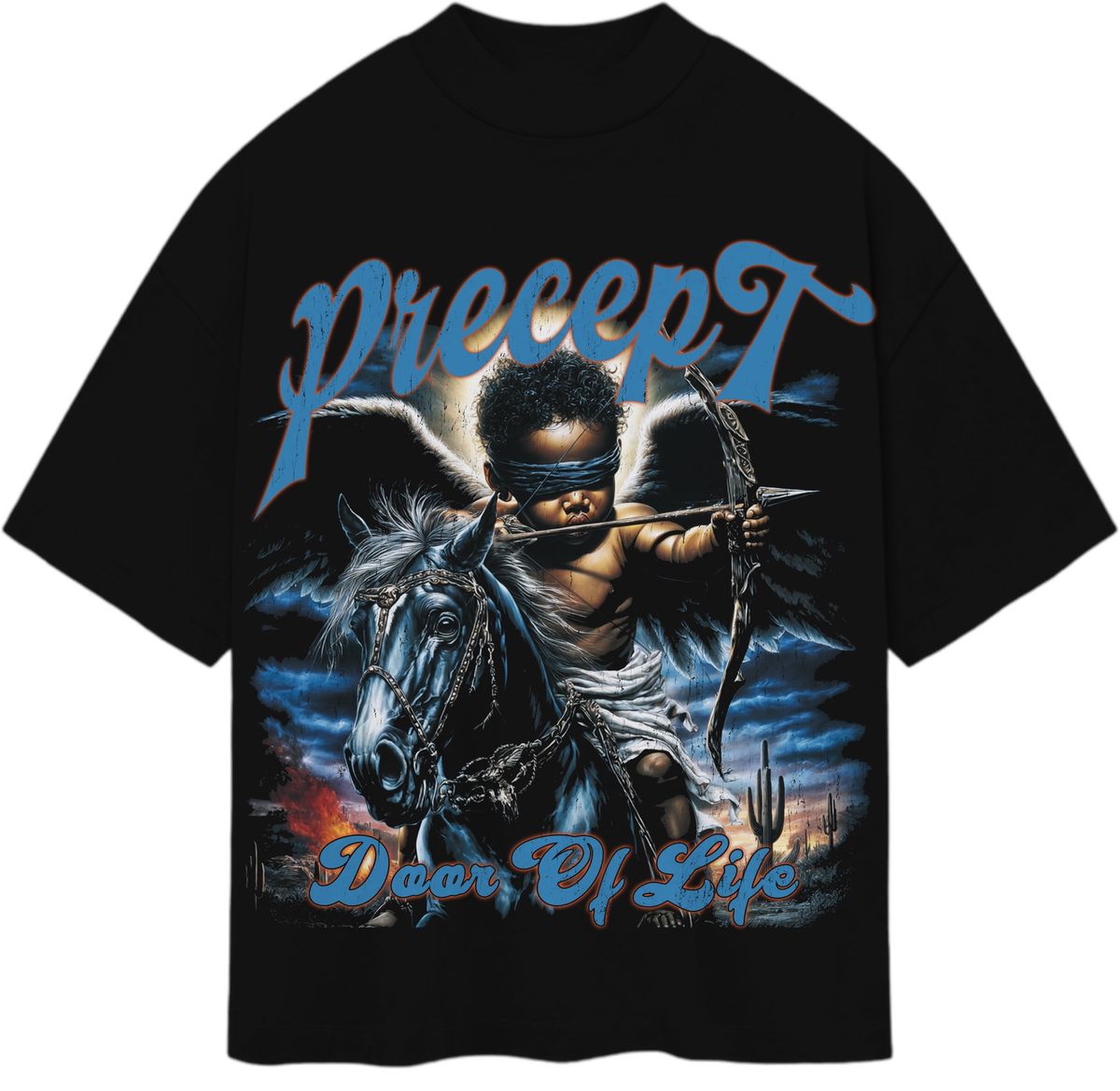 Precept 'Warrior Cupid' black unisex graphic t-shirt with an edgy cupid-warrior front print.