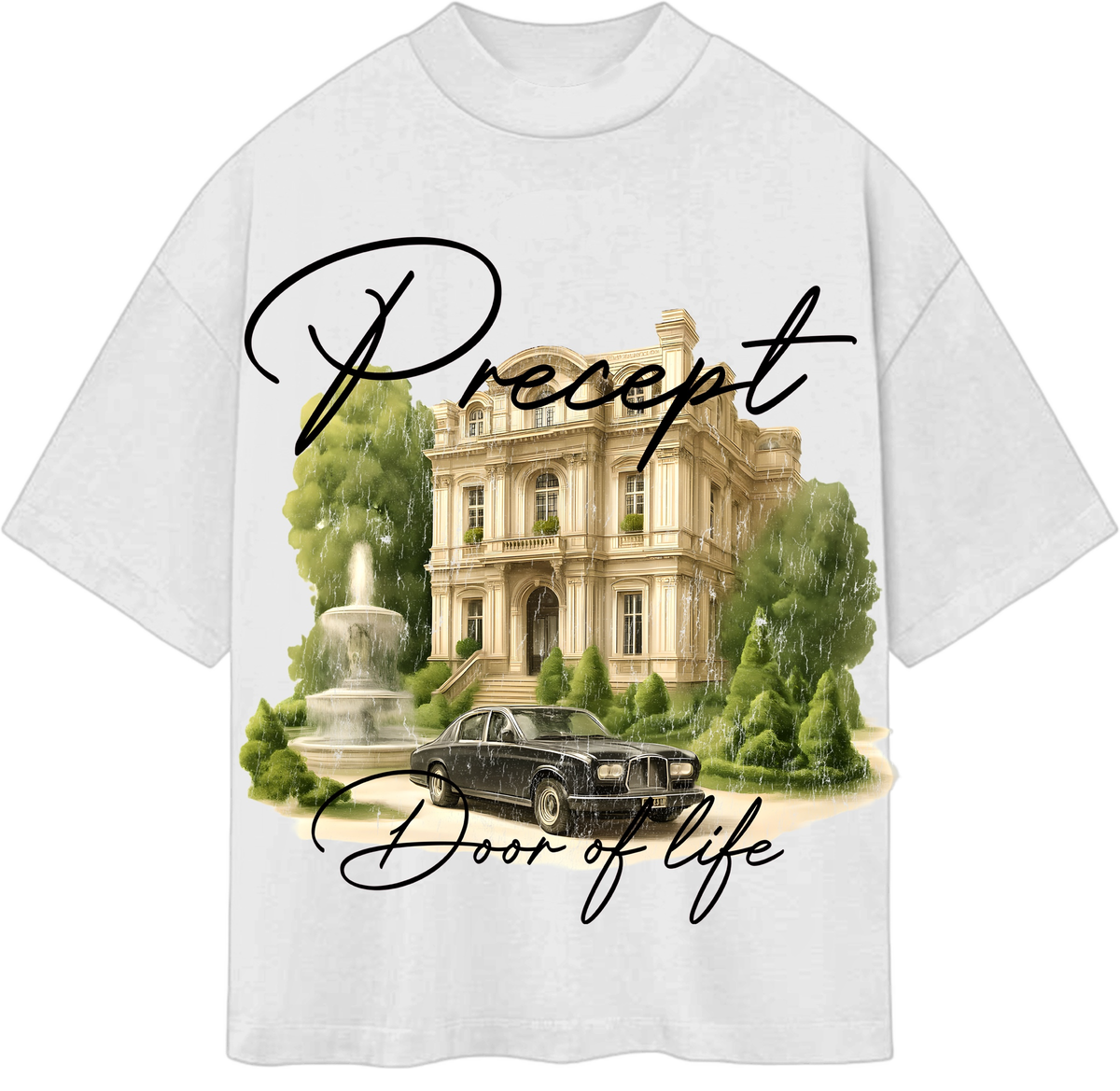 Precept 'Vido de Lujo' white unisex graphic t-shirt with a luxury-lifestyle front print.