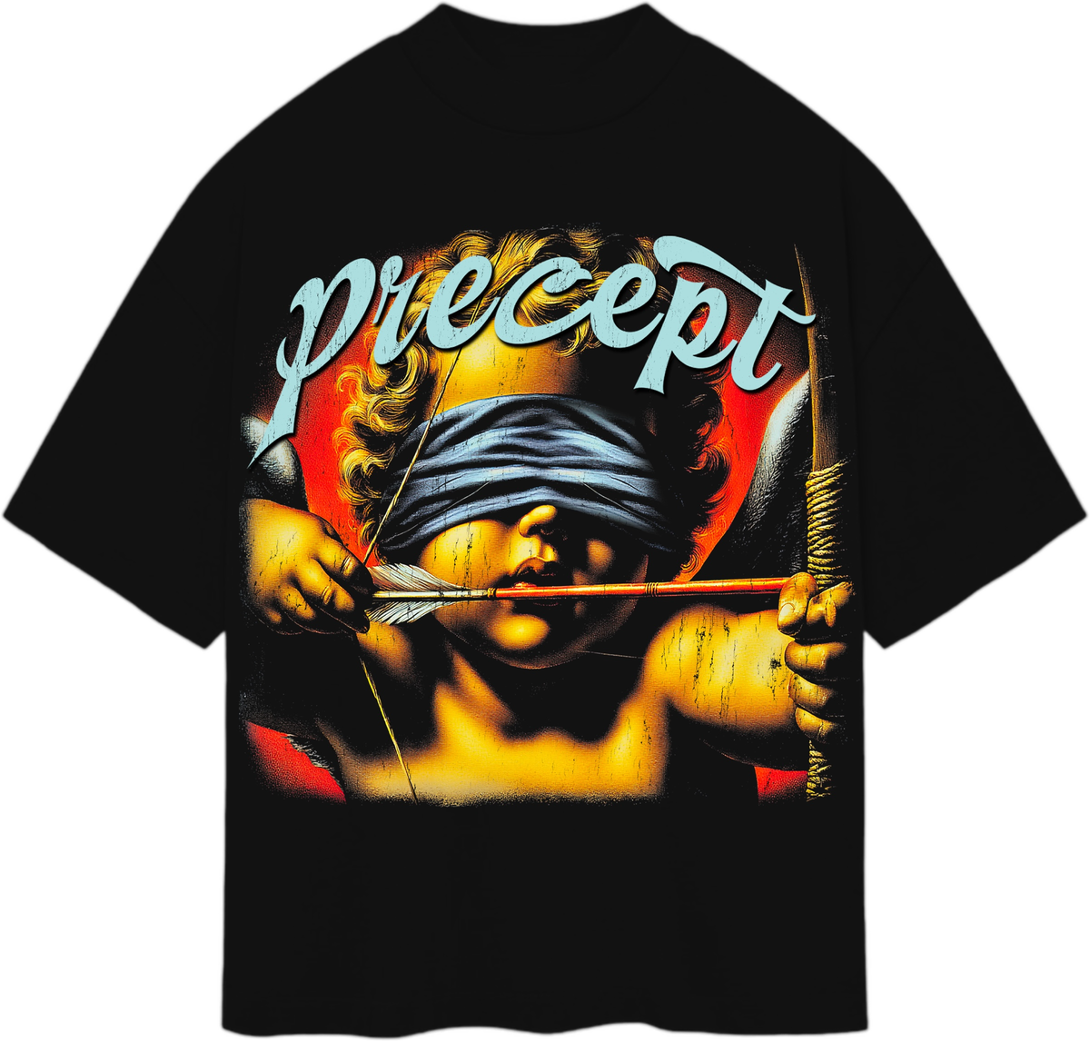 Precept 'Blind Cupido' black unisex graphic t-shirt with a romantic cupid front print.