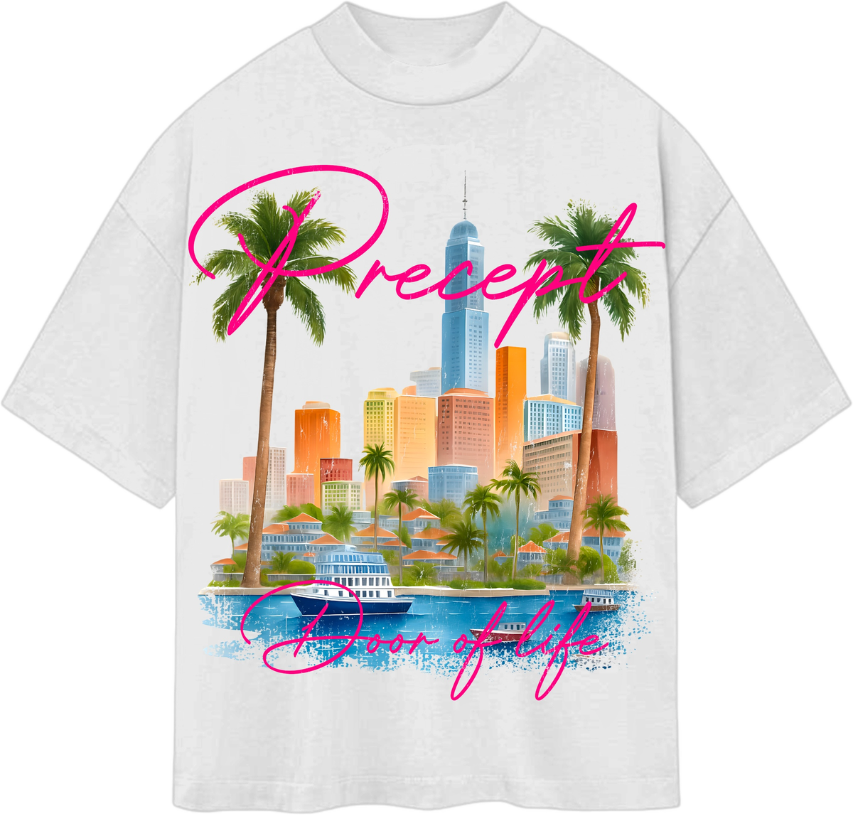Precept 'Dubai' white unisex graphic t-shirt with a luxury-skyline front print.