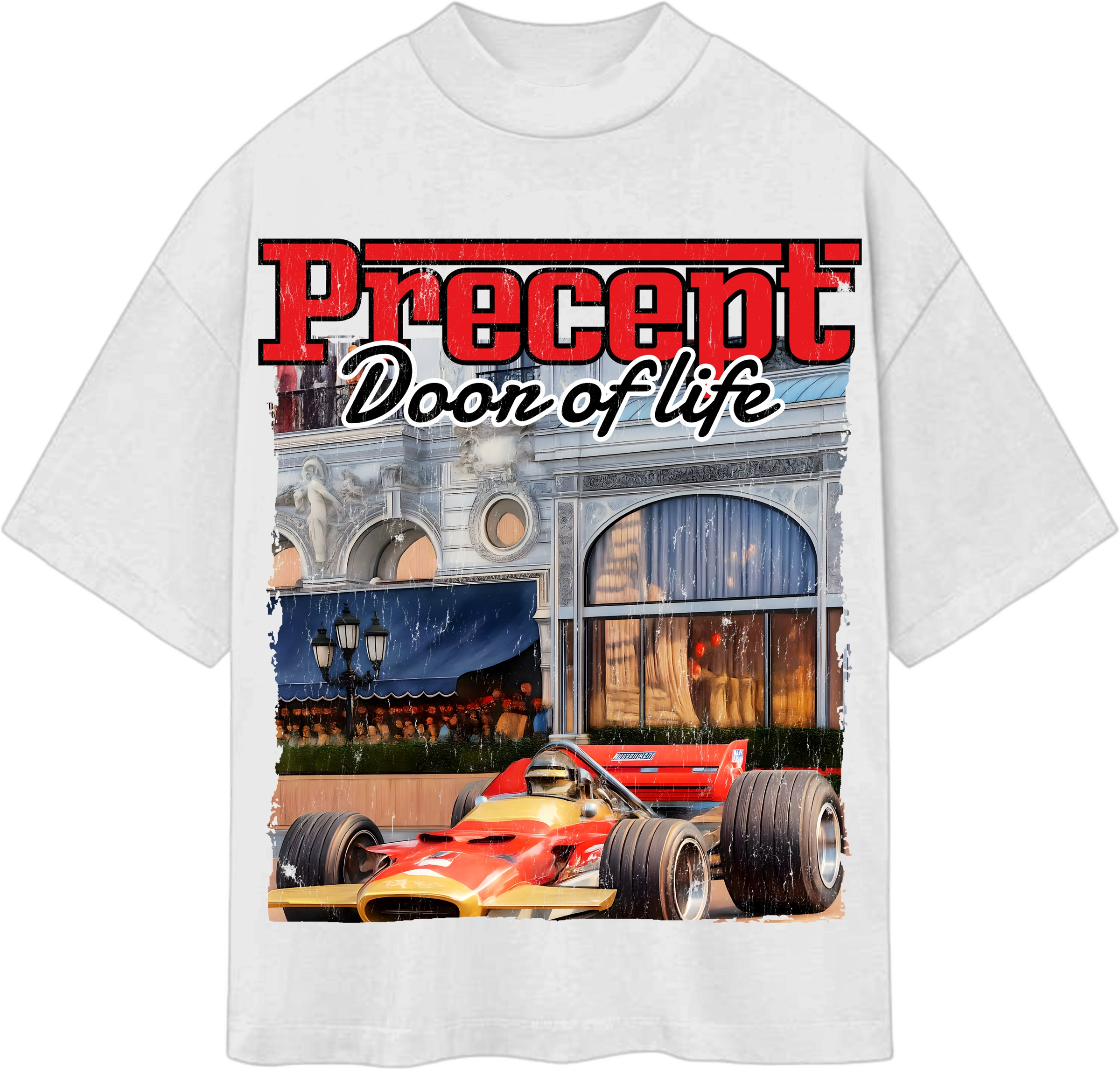 Precept 'Monaco Uno' white unisex graphic t-shirt with a racing-inspired front print.