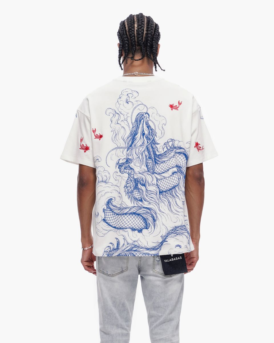 Valabasas “Mythic Flow” Dragon Graphic Tee – White/Blue