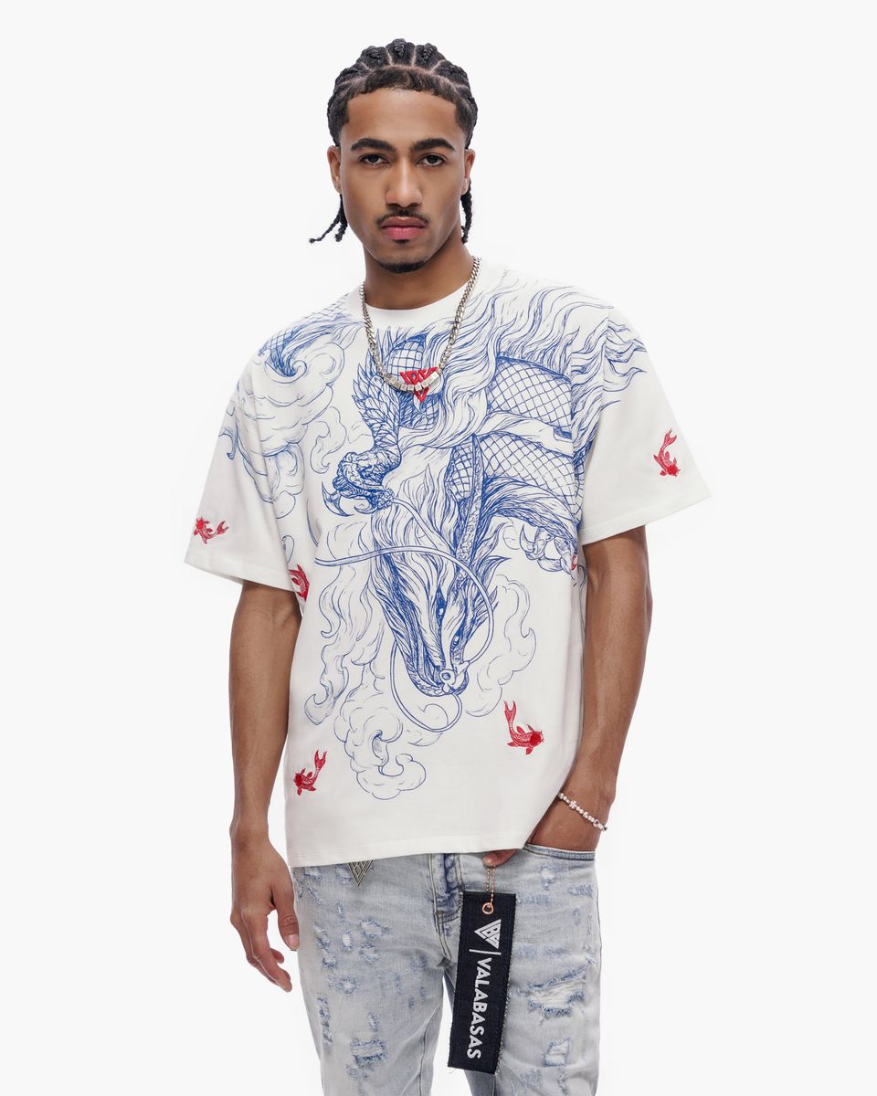Valabasas “Mythic Flow” Dragon Graphic Tee – White/Blue