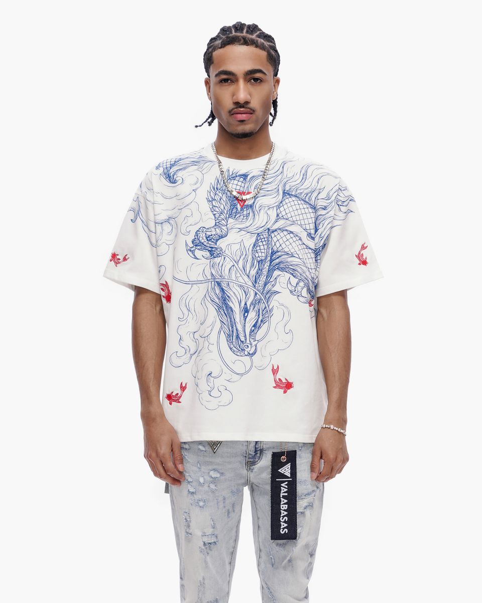 Valabasas “Mythic Flow” Dragon Graphic Tee – White/Blue