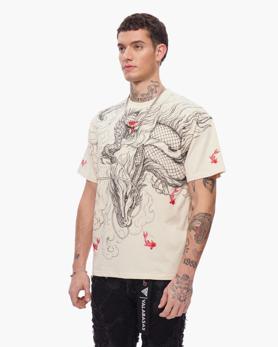 Valabasas “Mythic Flow” Dragon Graphic Tee – Sand/Black