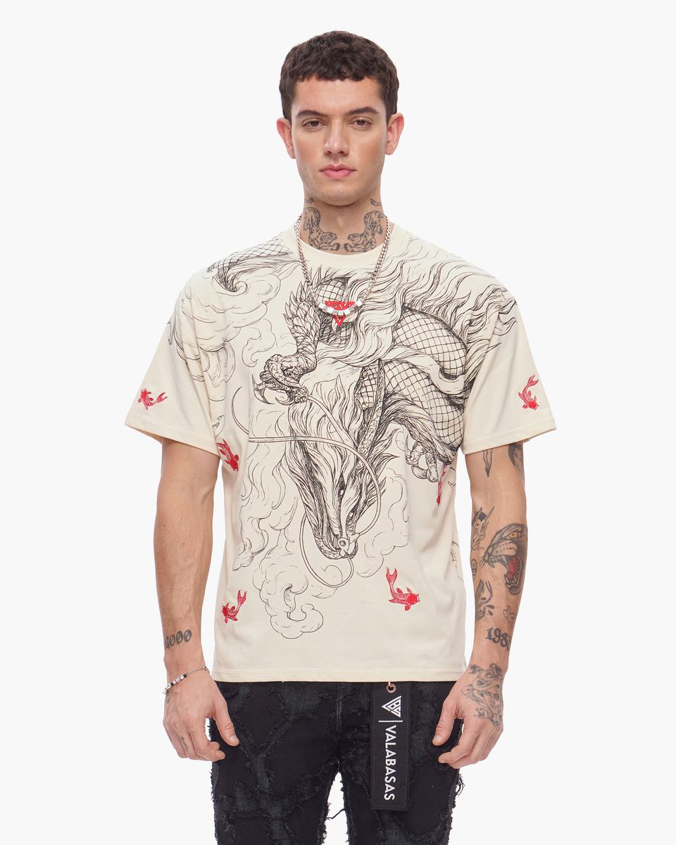 Valabasas “Mythic Flow” Dragon Graphic Tee – Sand/Black