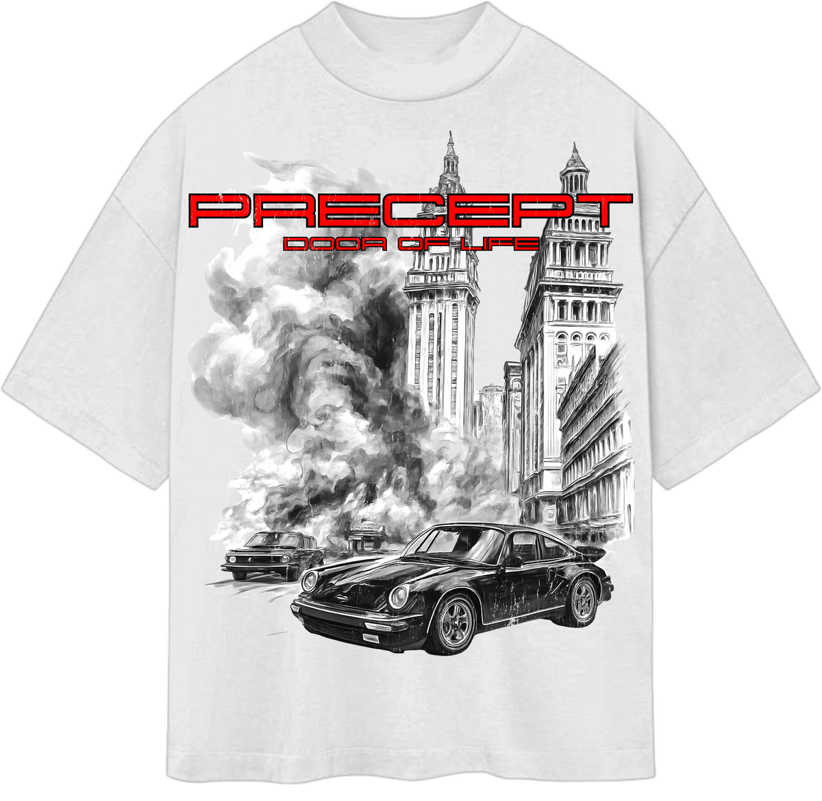 Precept 'Porsche City' white unisex graphic t-shirt with an automotive-inspired front print.