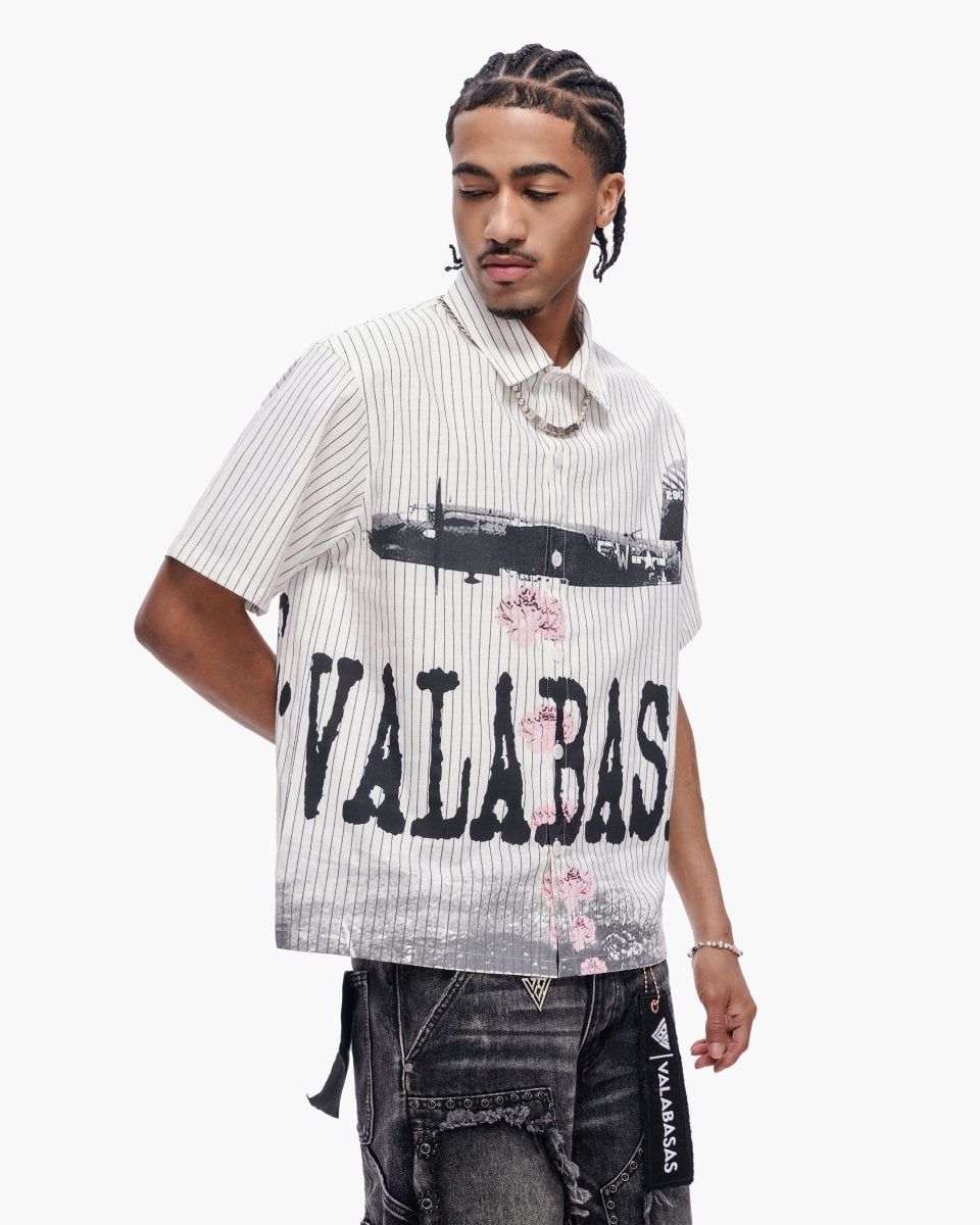 Valabasas FLOWER BOMB Pin Striped Button Down- White