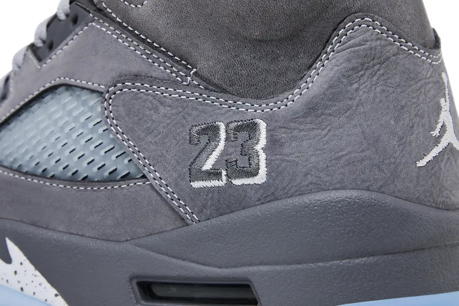 Air Jordan 5 Retro Wolf Grey sneaker, angled view