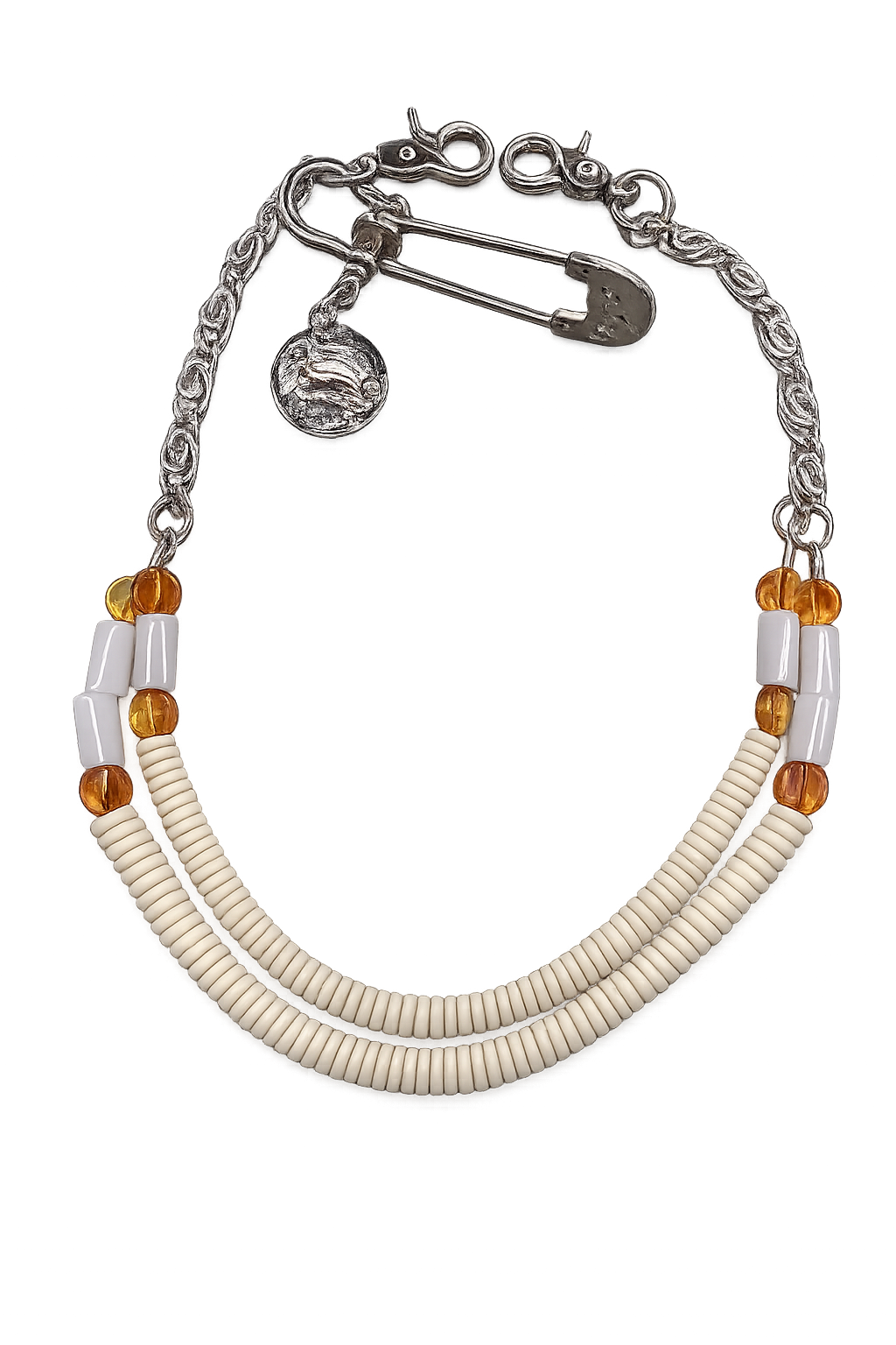 Double Strand Beaded Wallet Chain – White Heishi Beads with Amber Accents & Silver Hardware