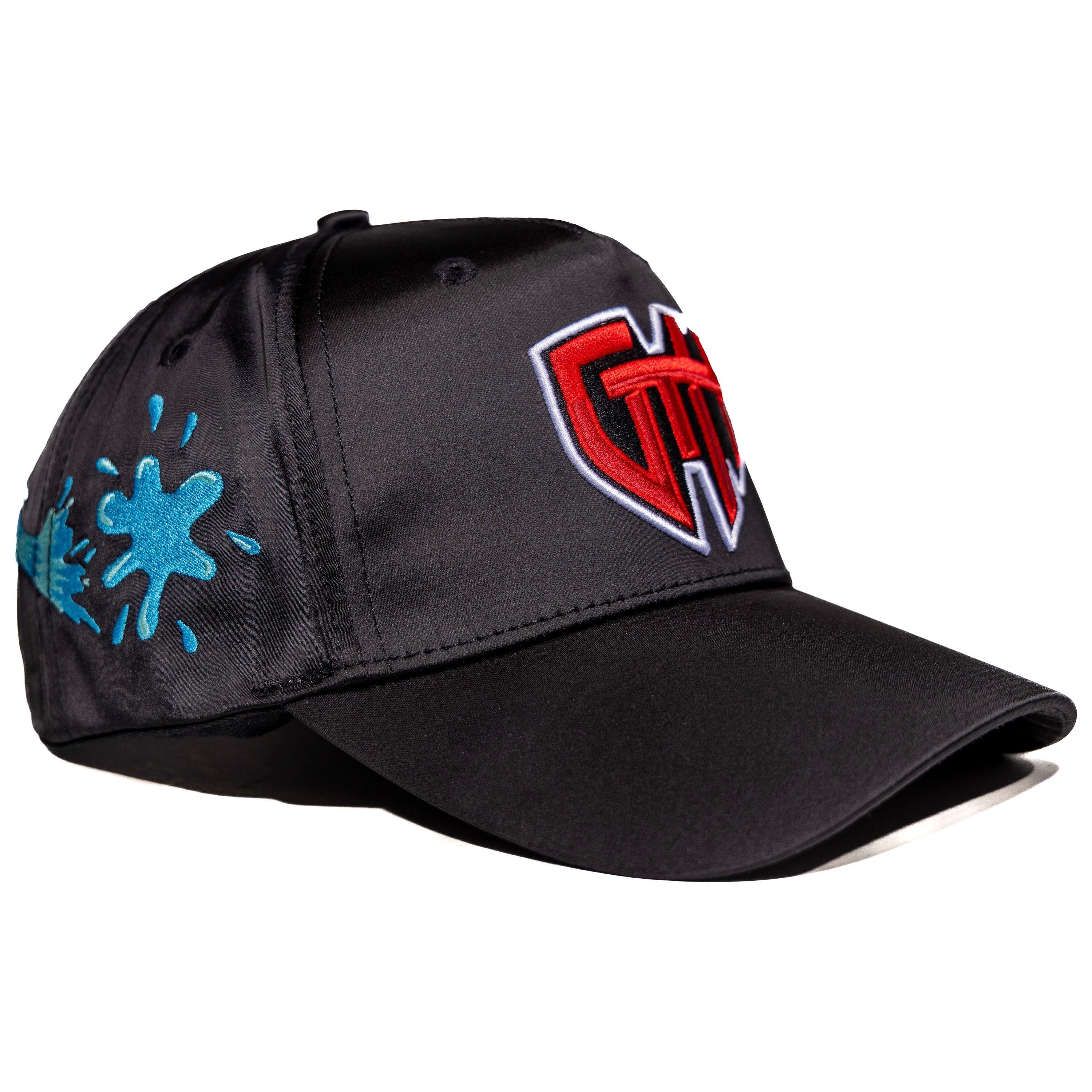 GTH Hydro Splash Hat – Black Satin Cap (Embroidered Logo + Side Splash Detail)