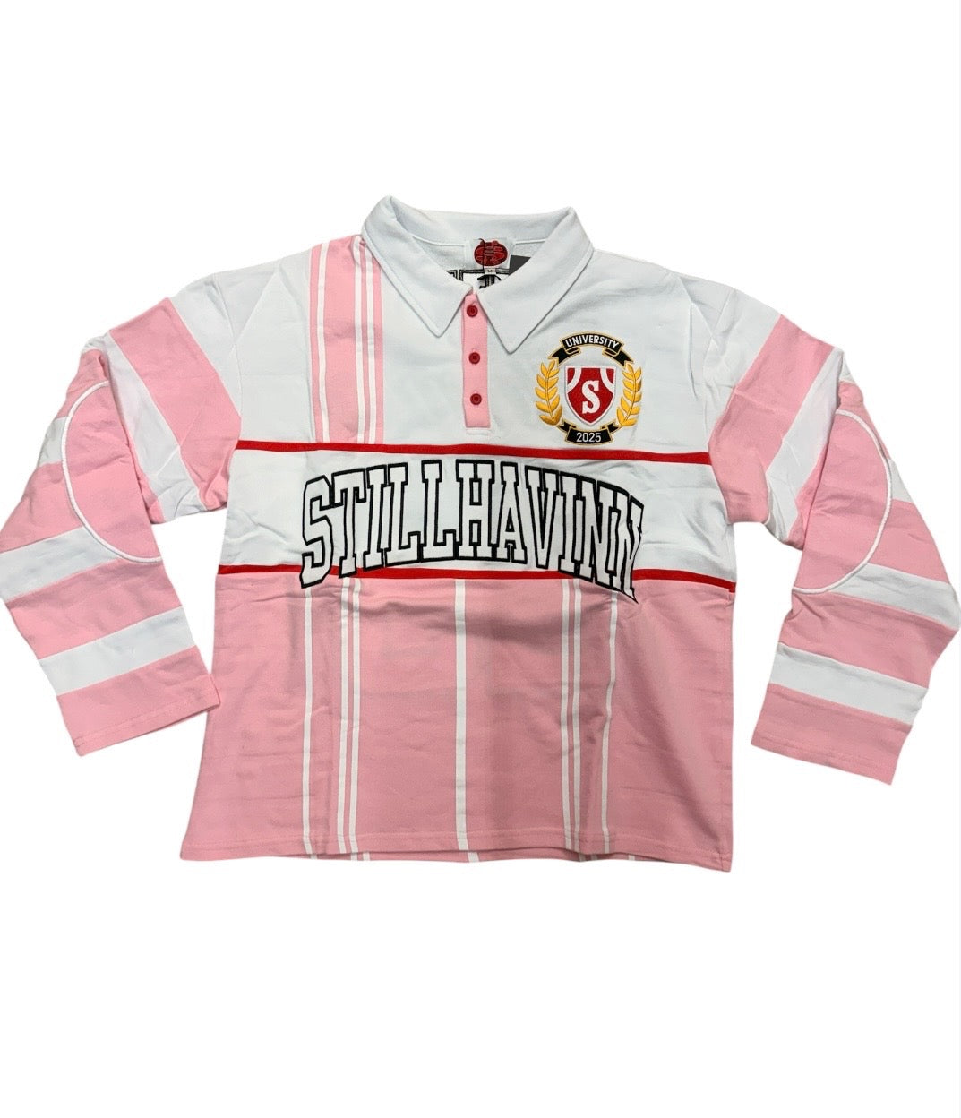 Still Having Polo Long Sleeve Rugby Shirt Pink White Varsity Style
