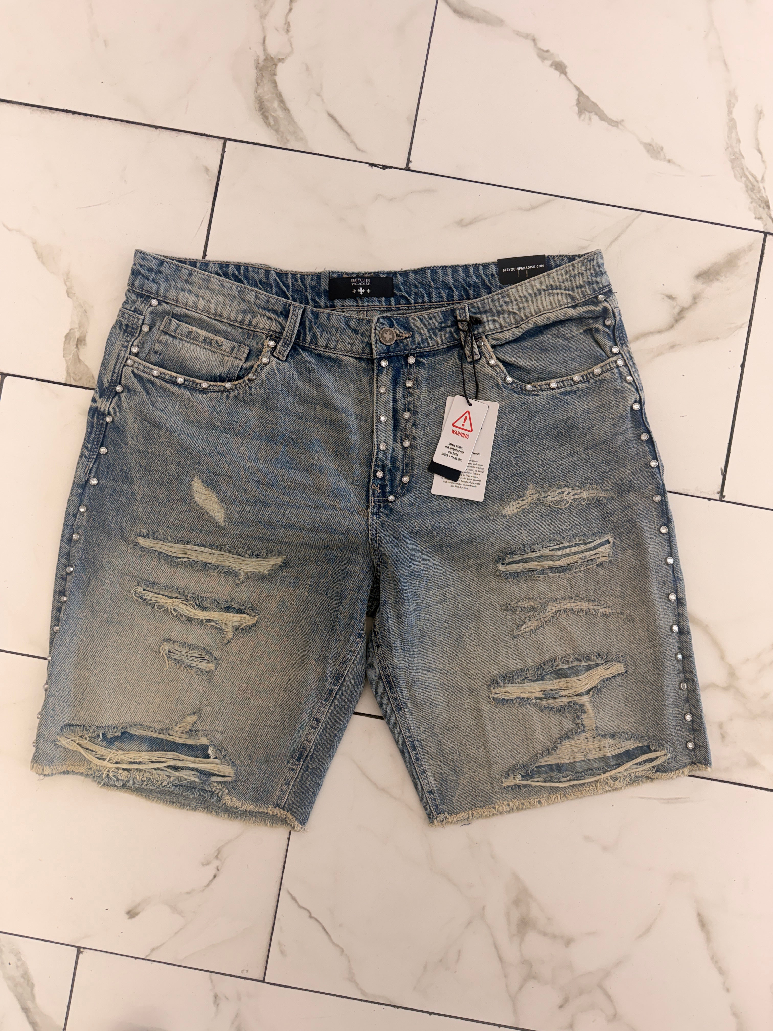 Jordan Craig "SYIP" Studded Distressed Denim Shorts