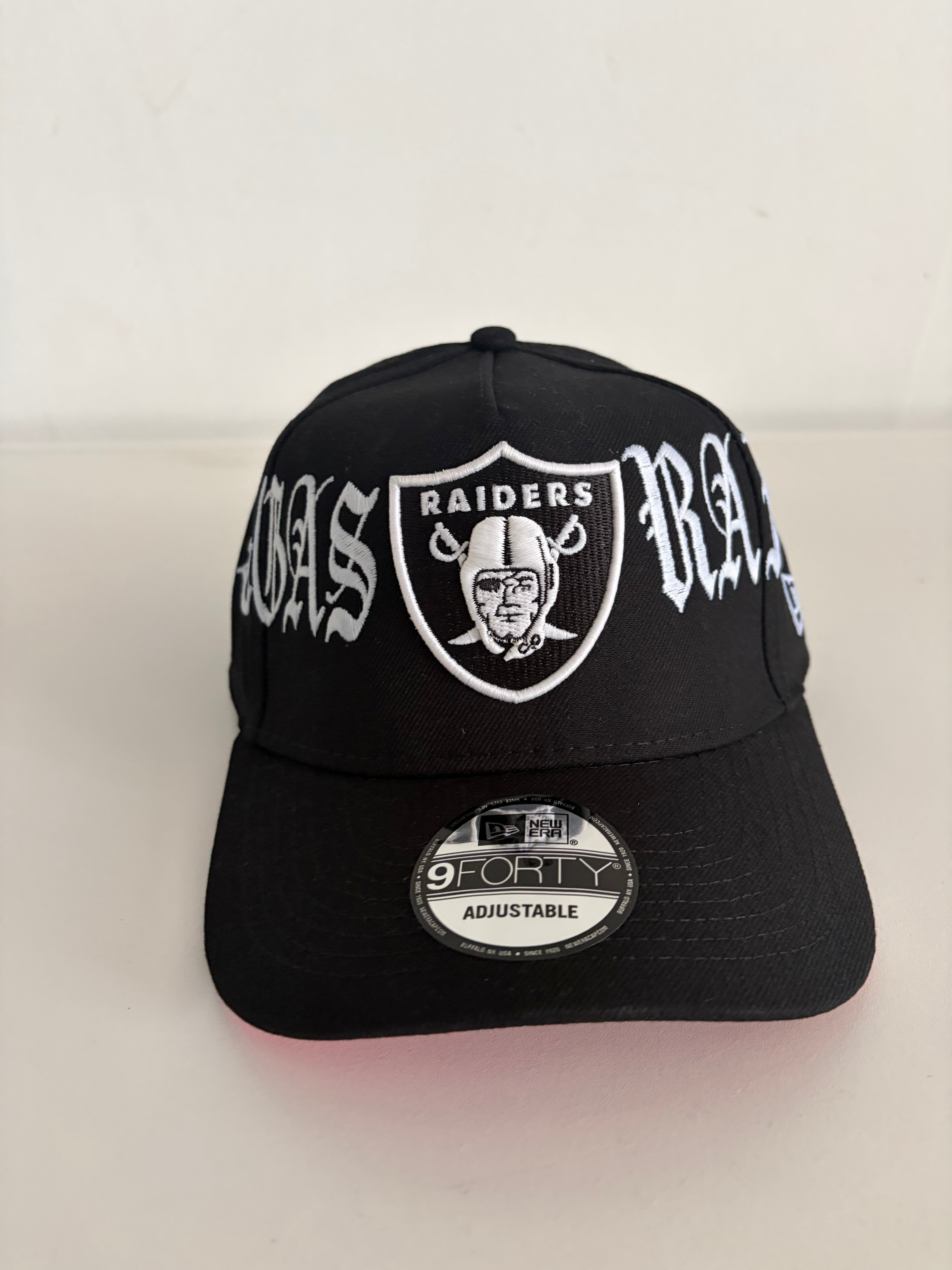 New Era Las Vegas Raiders 9FORTY Adjustable Cap – Black Gothic Script Edition