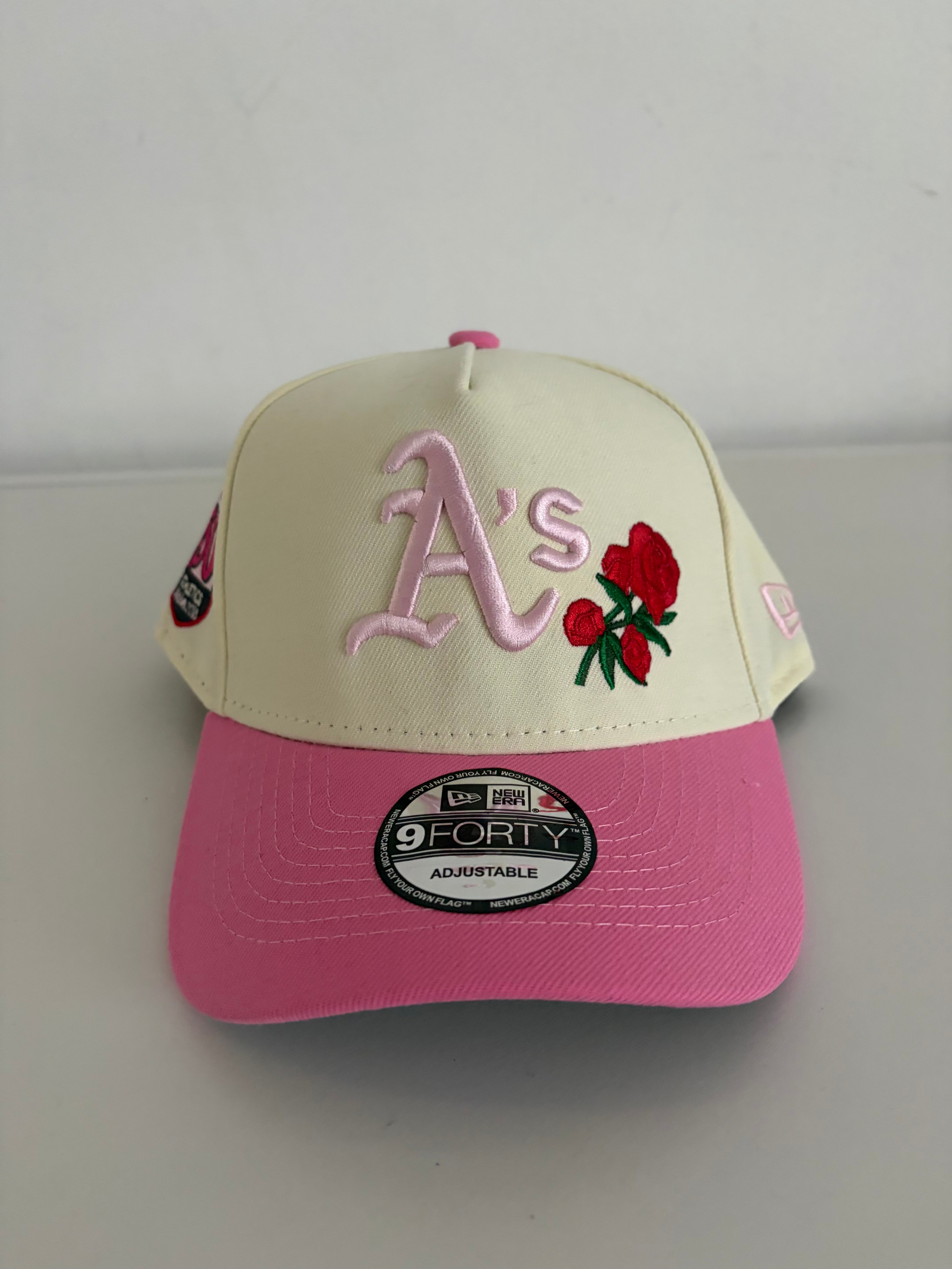 New Era Oakland Athletics 9FORTY Adjustable Cap – Cream/Pink w/ Rose Detail & 50th Anniversary Patch