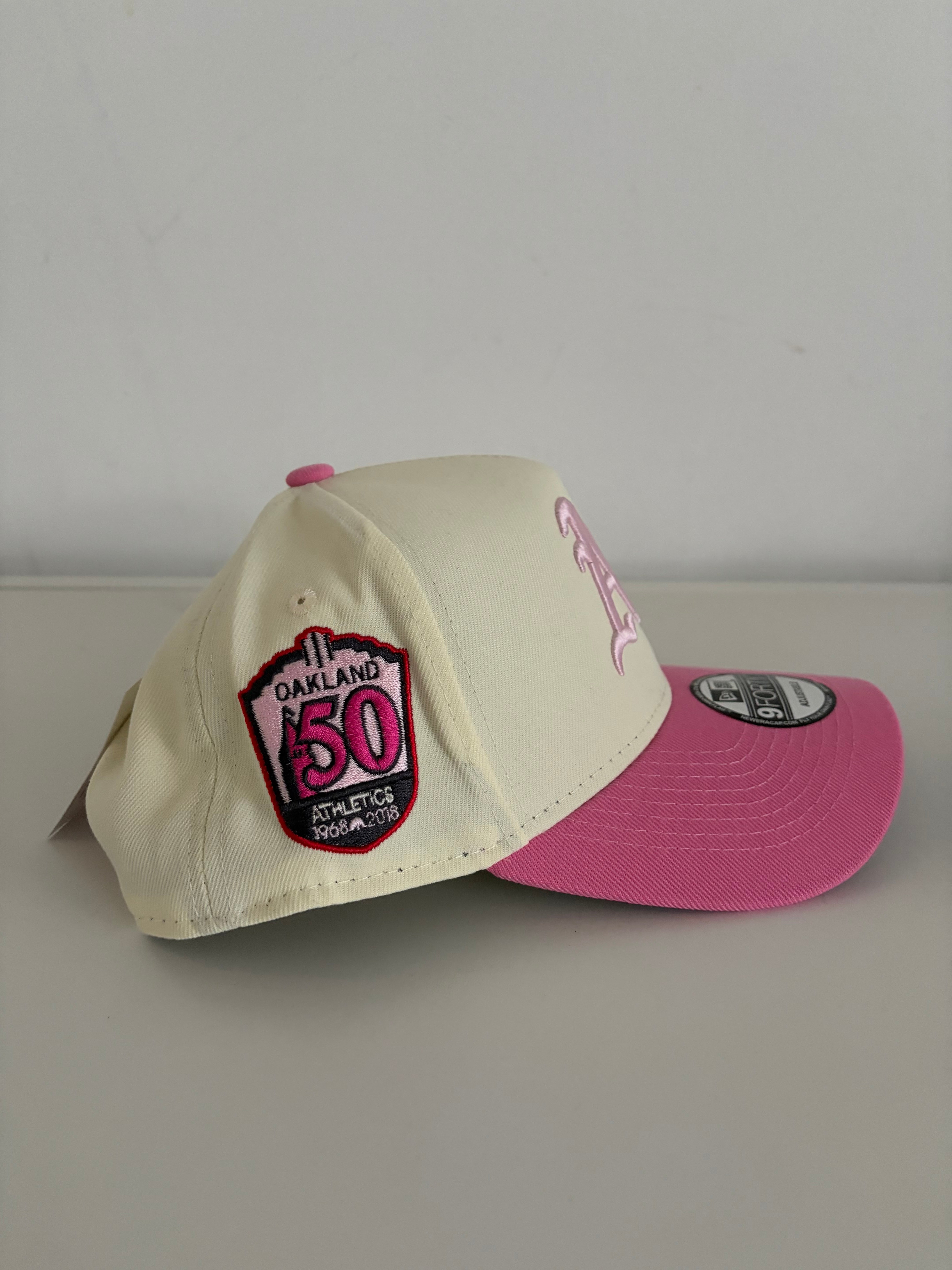 New Era Oakland Athletics 9FORTY Adjustable Cap – Cream/Pink w/ Rose Detail & 50th Anniversary Patch