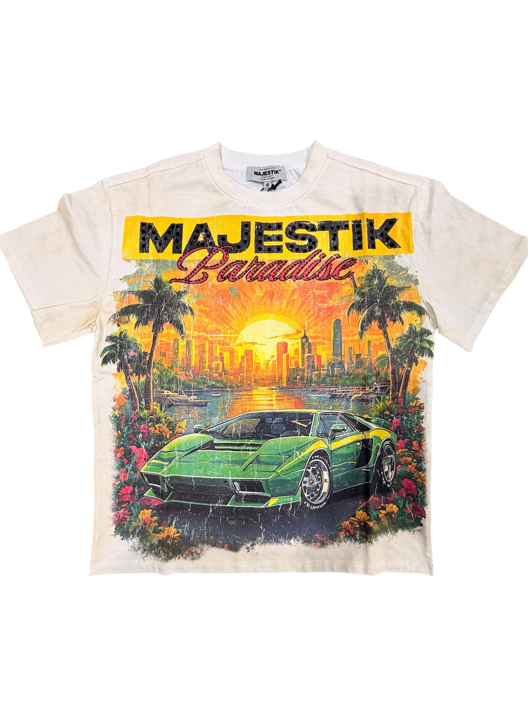 Majestic “Paradise” Sunset Exotic Car Graphic T-Shirt (Cream)