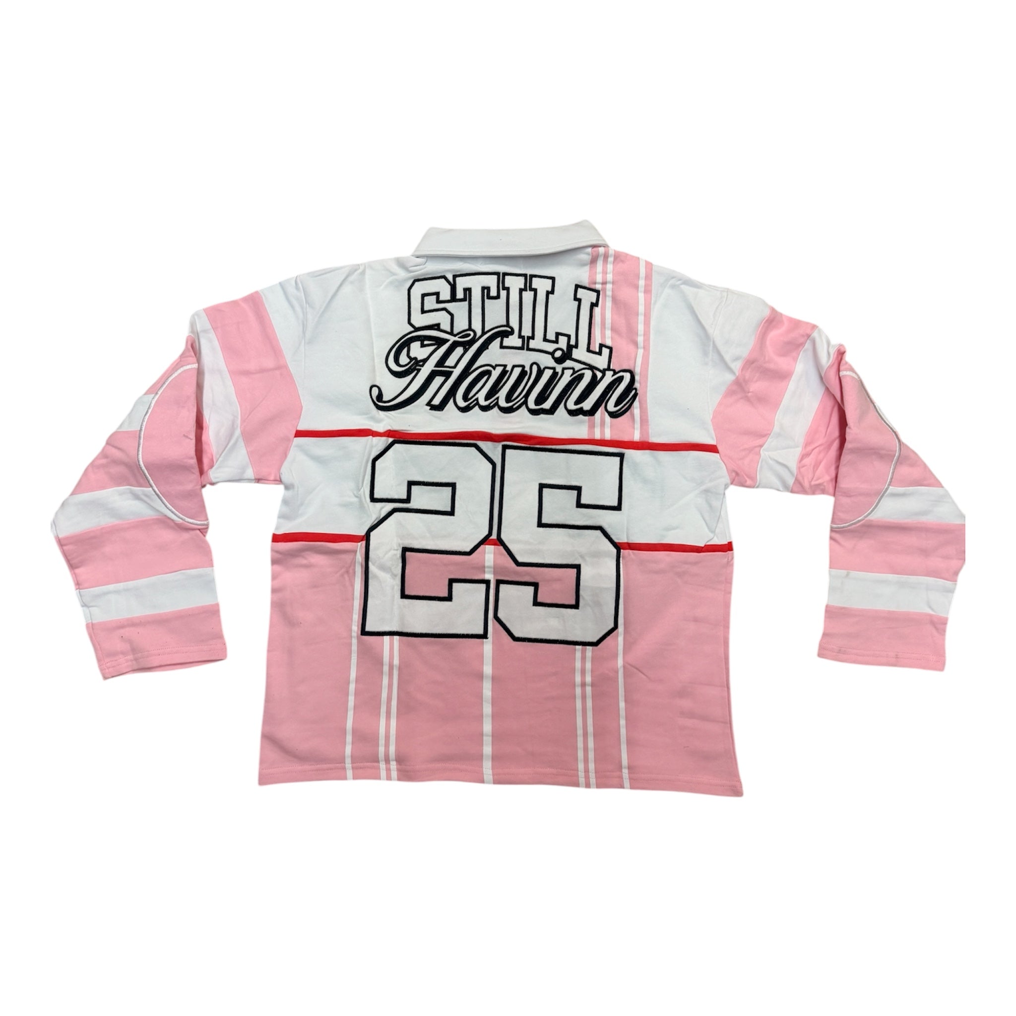 Still Having Polo Long Sleeve Rugby Shirt Pink White Varsity Style