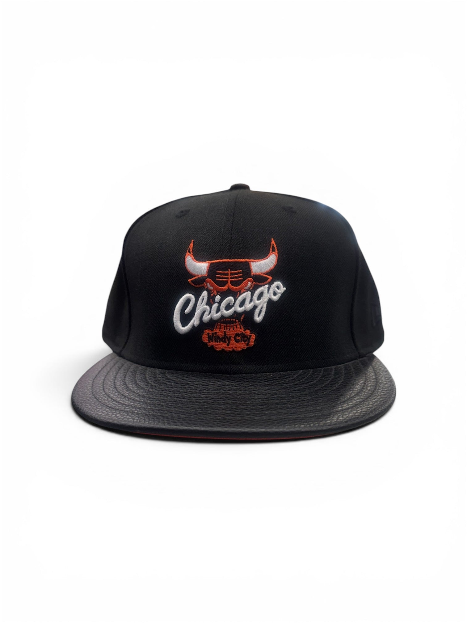 Chicago Windy City Bulls Snapback Hat – Black with Faux Leather Flat Brim
