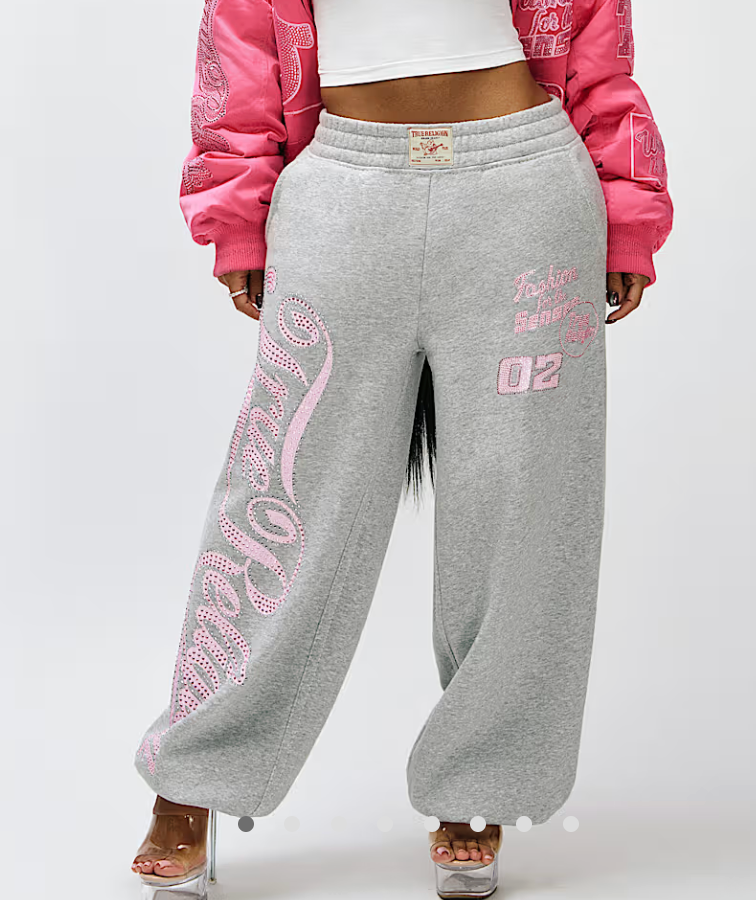 True Religion Rhinestone Script Wide Leg Sweatpants – Grey