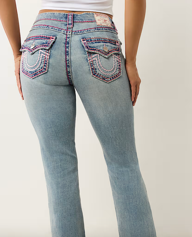 True Religion Women’s Red & Pink Stitch Flap Pocket Jeans – Light Wash
