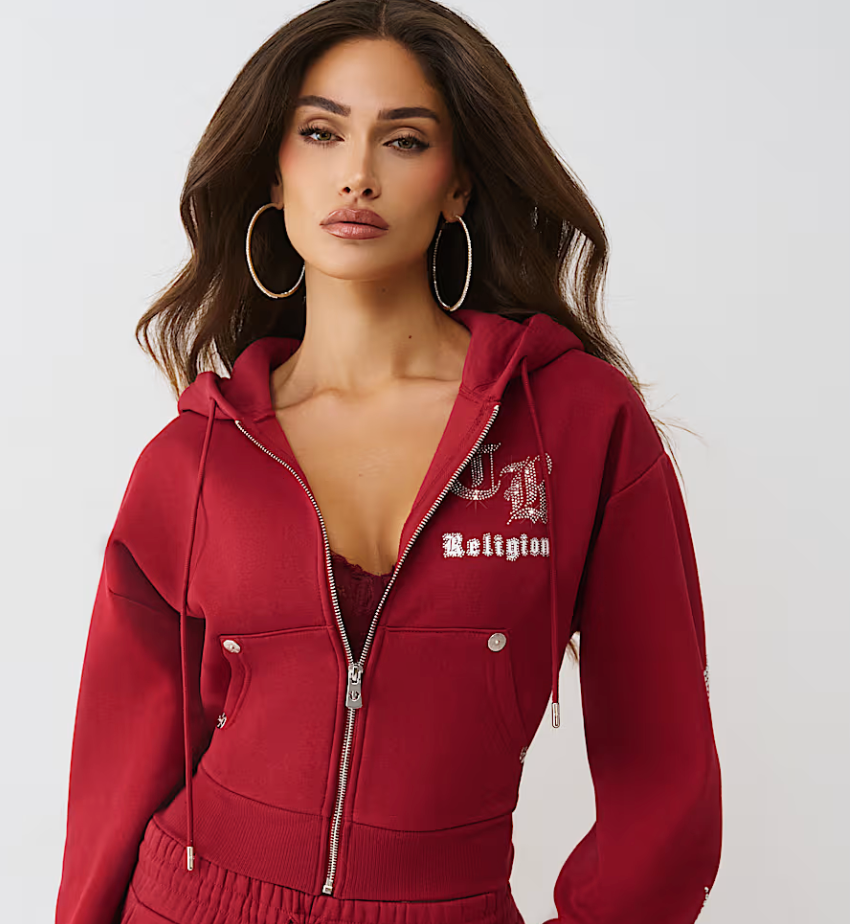 True Religion Women’s Rhinestone Logo Zip Hoodie – Red