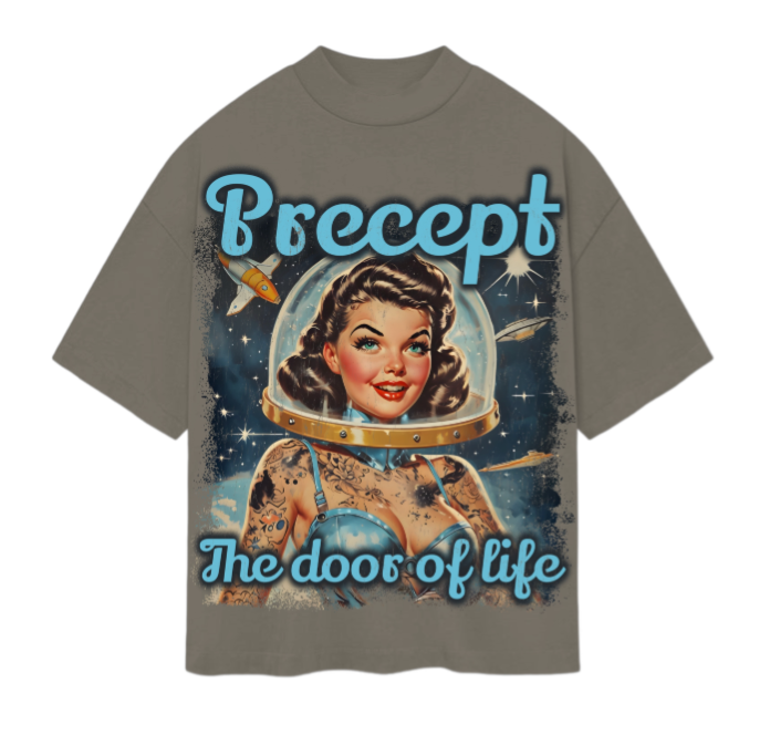 Precept 'Astro Girl' grey unisex graphic t-shirt with a cosmic-inspired front print.