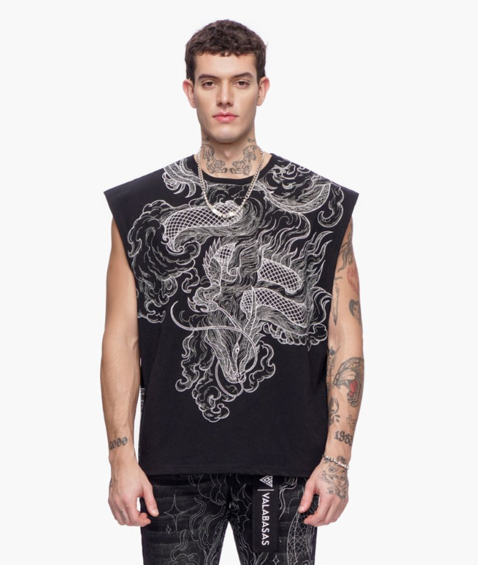 Valabasas 'Kaito' black sleeveless cut-off tee.