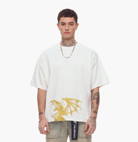 Valabasas 'Kunji' white tee with gold graphic detailing.