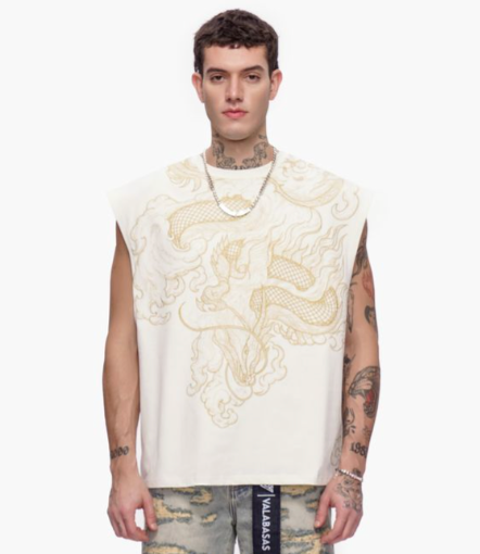 Valabasas 'Kaito' white sleeveless cut-off tee.
