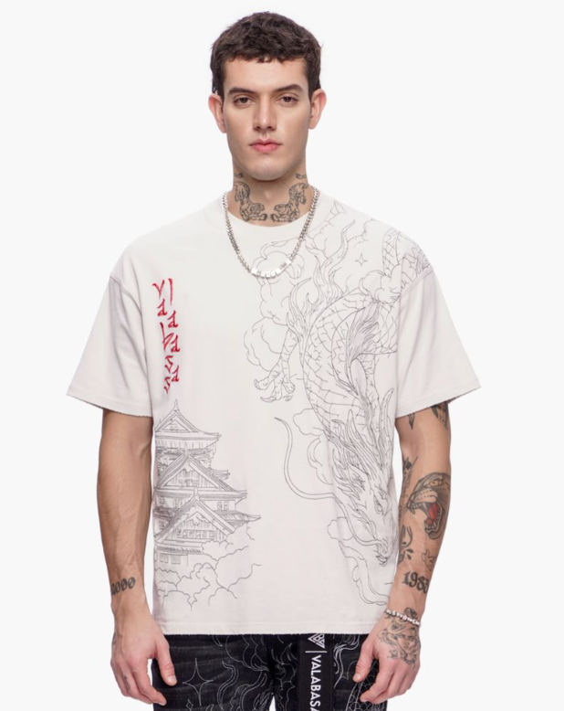 Valabasas 'Mist Temple' white tee with a temple-inspired front graphic.