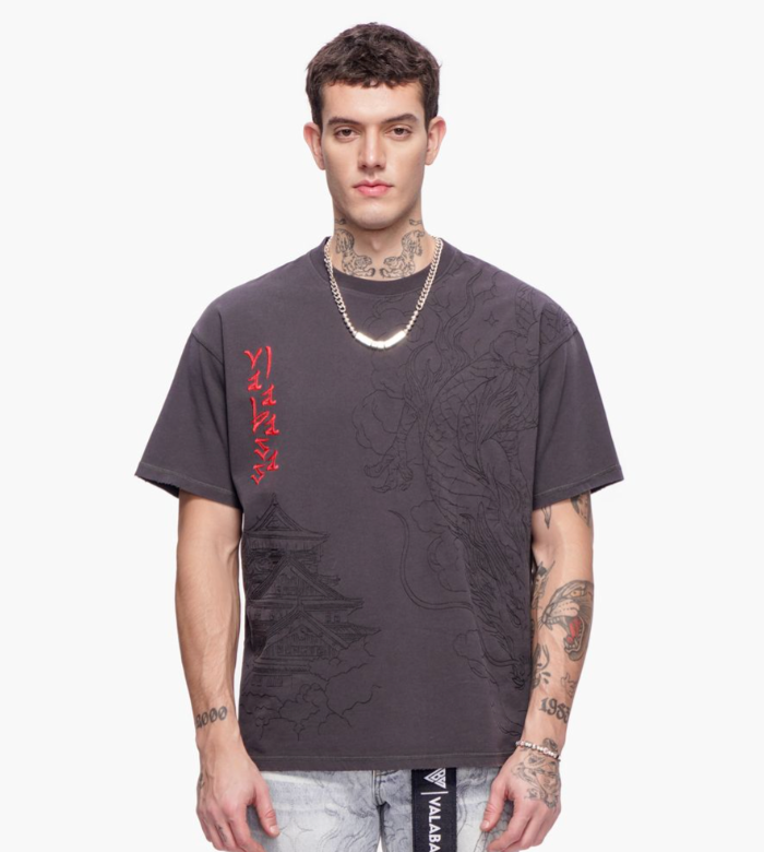 Valabasas 'Mist Temple' grey tee with a temple-inspired front graphic.