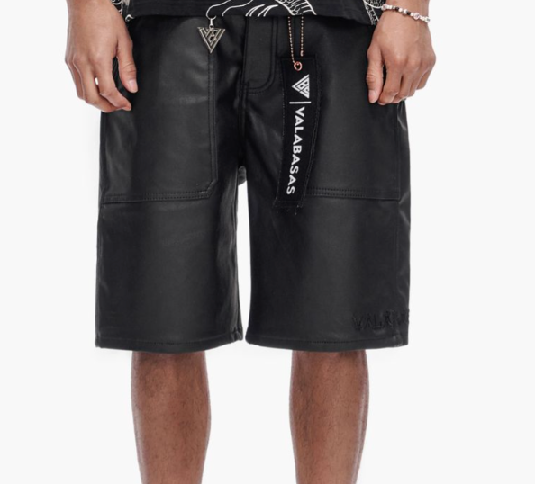 Valabasas 'Kuroto' black waxed denim shorts.