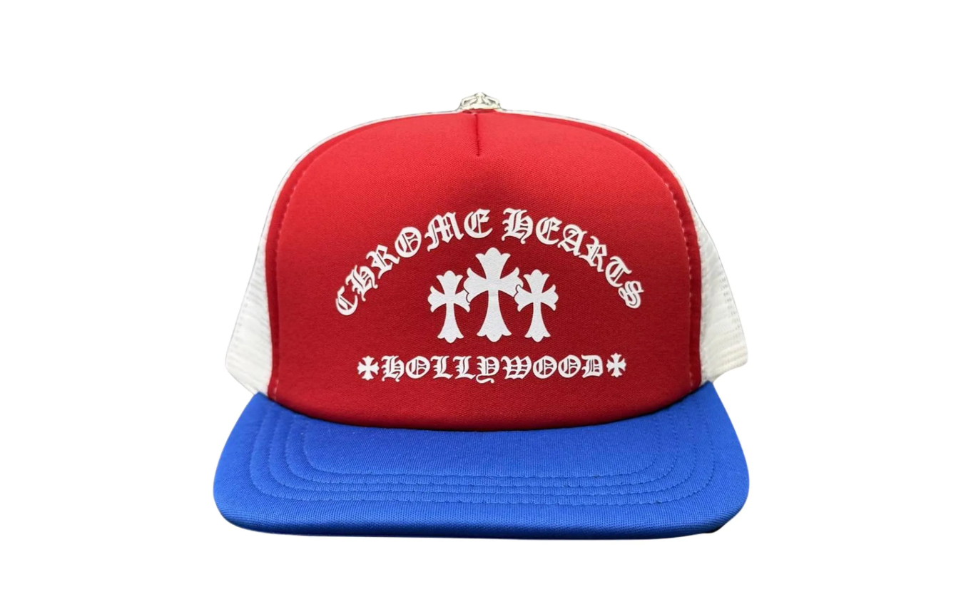 Chrome Hearts "Cemetery Cross Hollywood" Red/White/Blue Trucker Hat