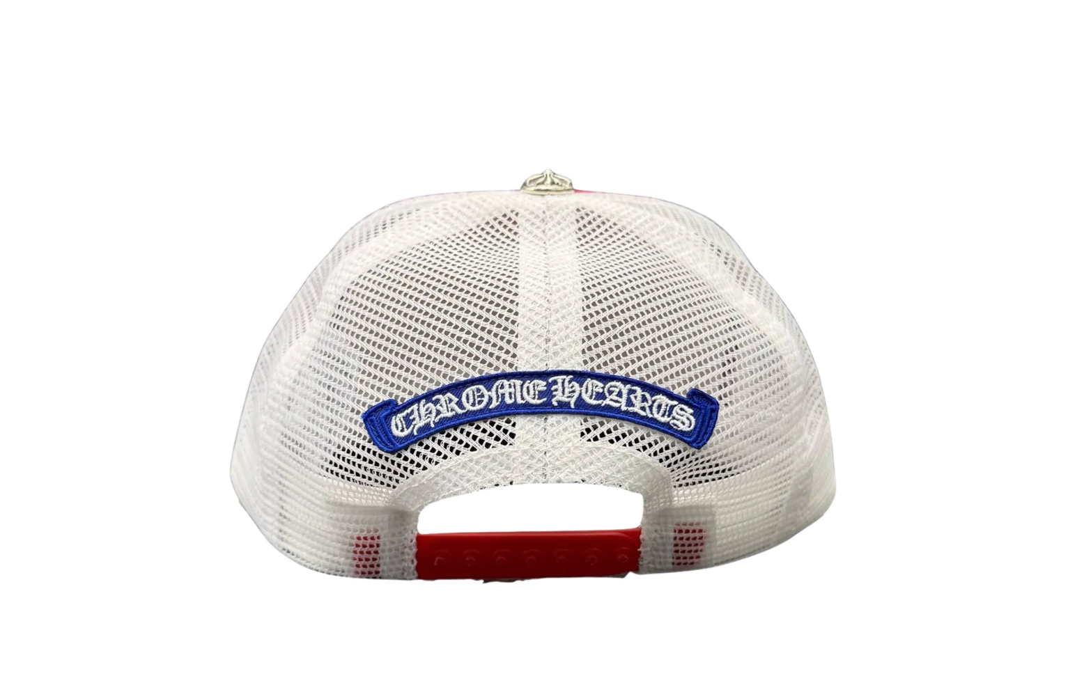 Chrome Hearts "Cemetery Cross Hollywood" Red/White/Blue Trucker Hat
