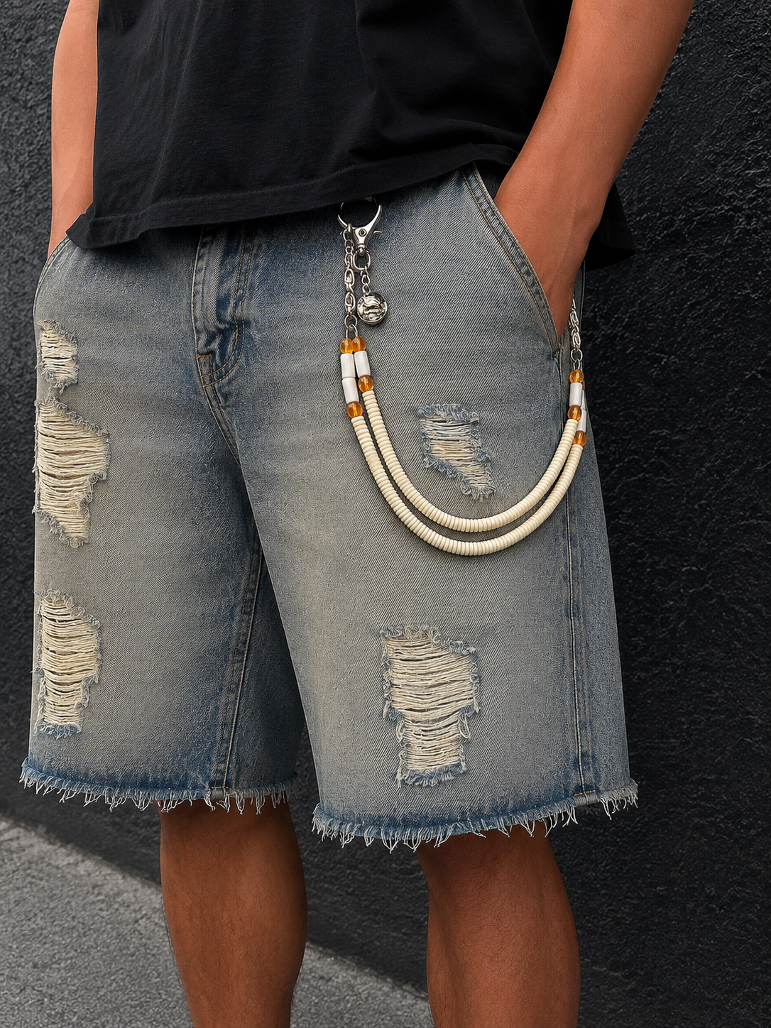 Double Strand Beaded Wallet Chain – White Heishi Beads with Amber Accents & Silver Hardware