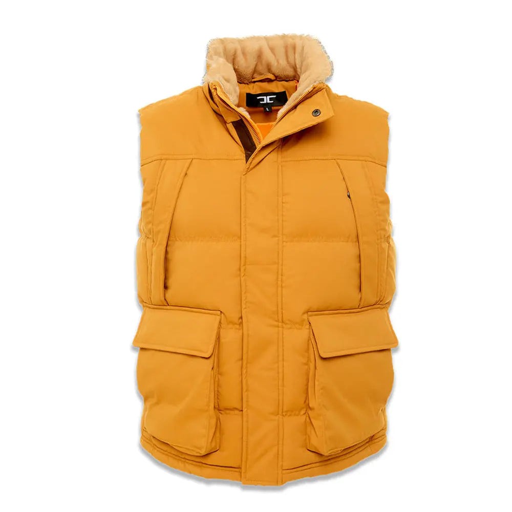 Faux Fur Trim Puffer Vest - Mustard