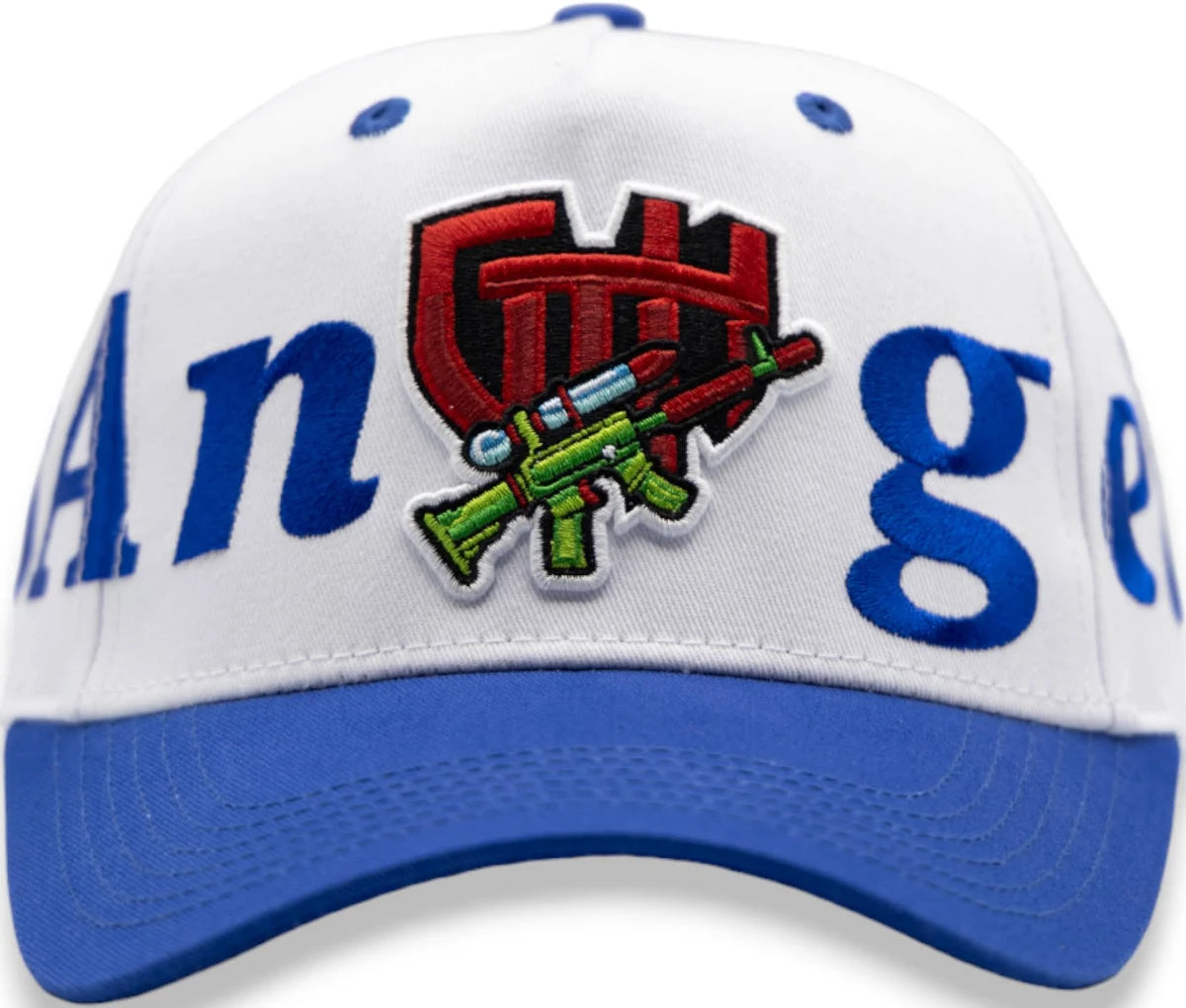 Glo Gang Water Gun Snapback Hat – White/Royal Blue